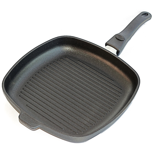 Grill pan induction 28x28x5cm high with detachable handle & oven-proof glass lid